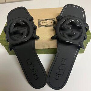 Gucci Women's Interlocking G Sandals Slides Rubber 8 Black New